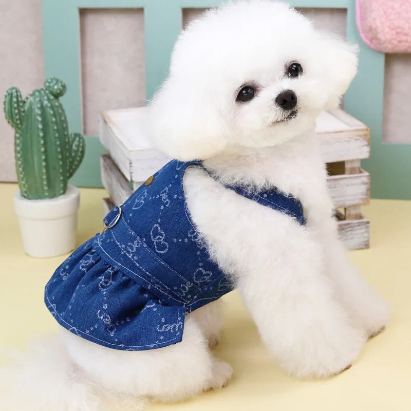 Love Jeans Costume Pet Denim Dress for Dogs Small Dog Harness Vest Luxury Dog Suspender Skirt Cute Print Puppy Clothes Dropship