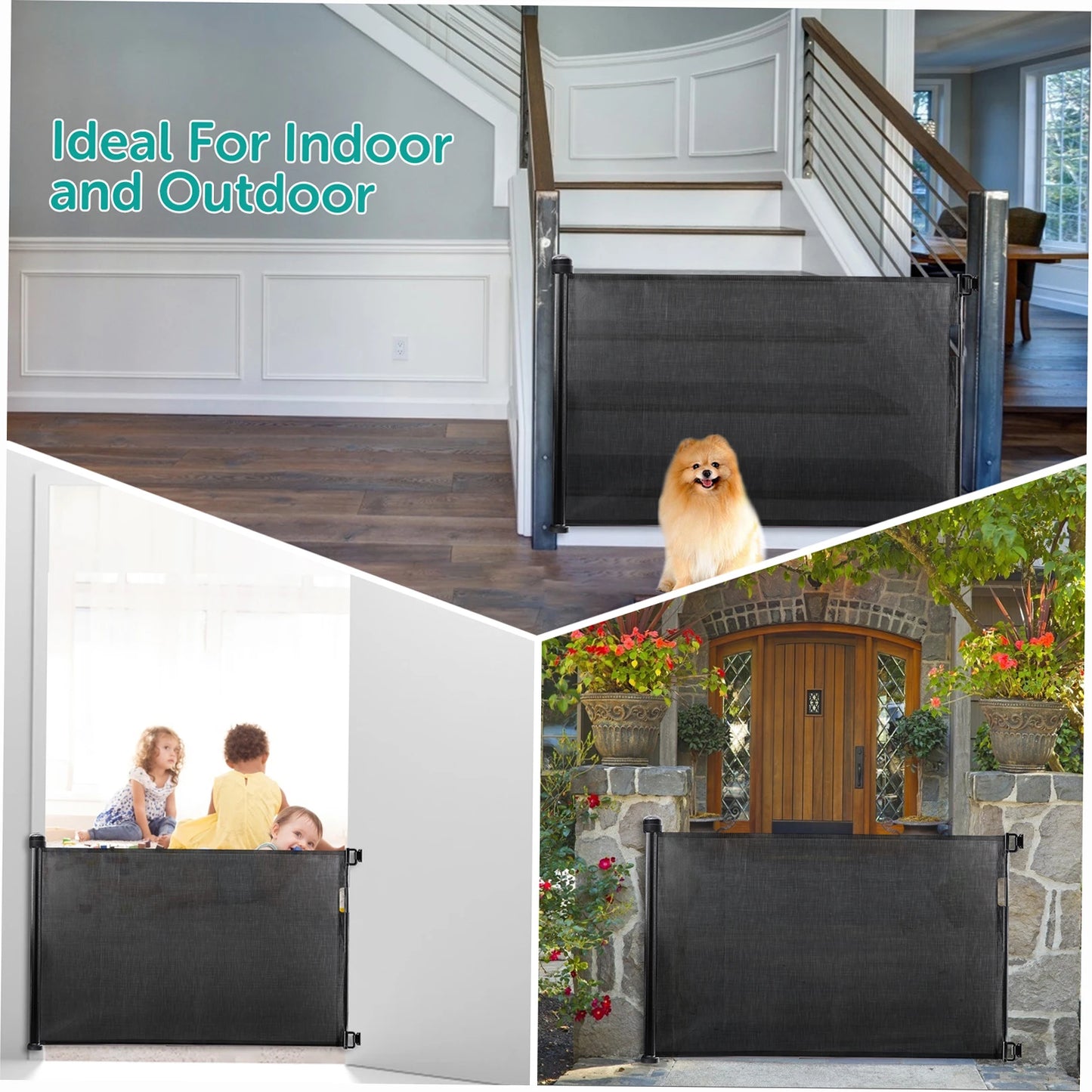 Retractable Pet Dog Mesh Fence Baby Safety Gate 34 inch Tall Extends to 61 inch Wide Indoor Outdoor Baby Gate Safety Barrier