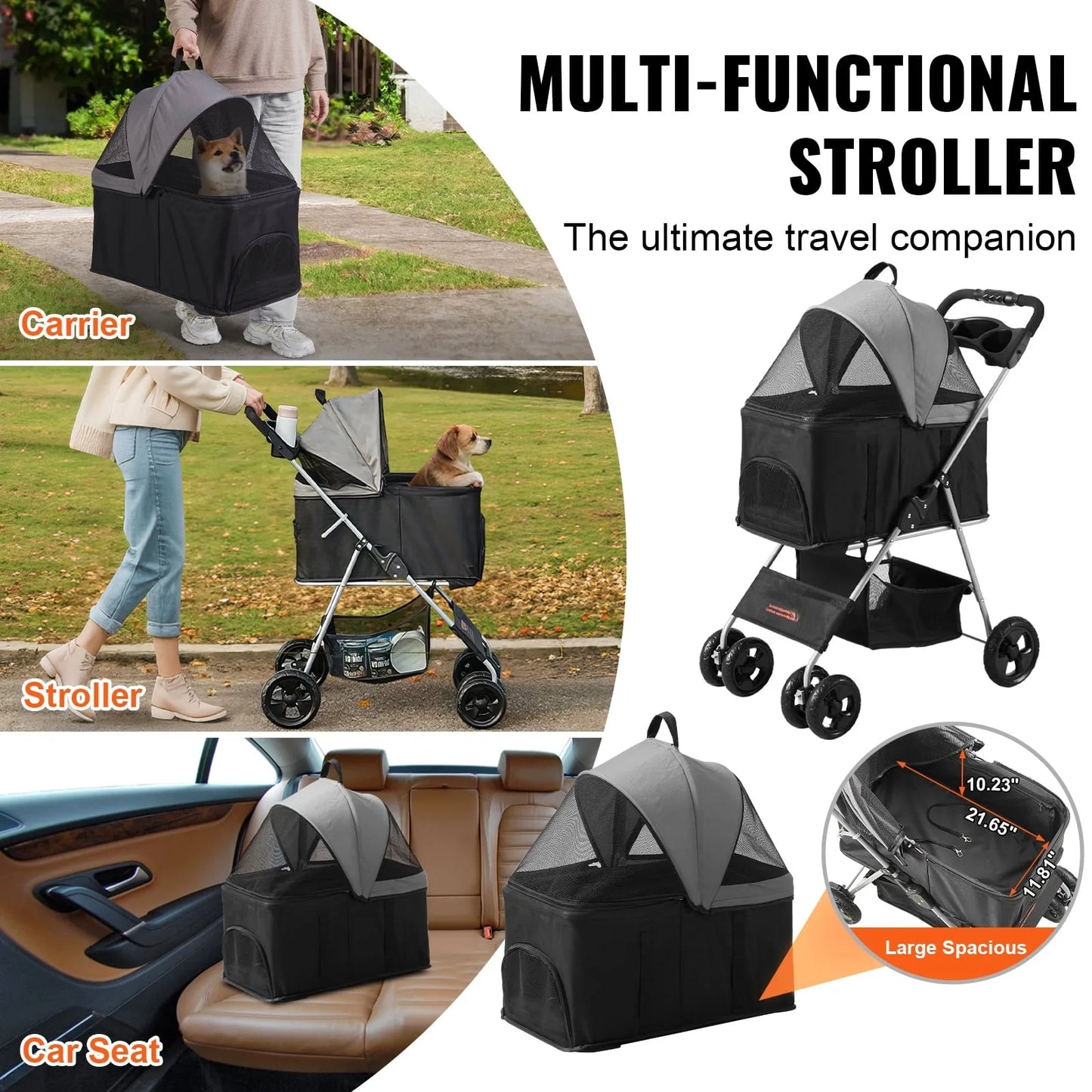 3-in-1 Pet Stroller,4Wheels Foldable Premium Multifunction Dog Cat Stroller with Cup Holder,35 lbs Weight Capacity