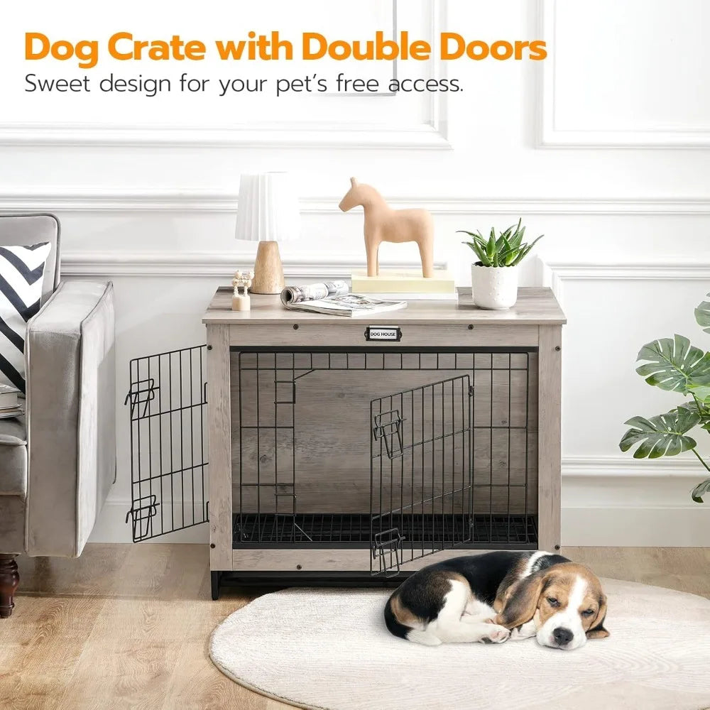 HOOBRO Dog Crate Furniture, 32.5" Medium Dog Kennel Indoor, Wooden Crate with Pull-Out Tray, Double Doors Dog House