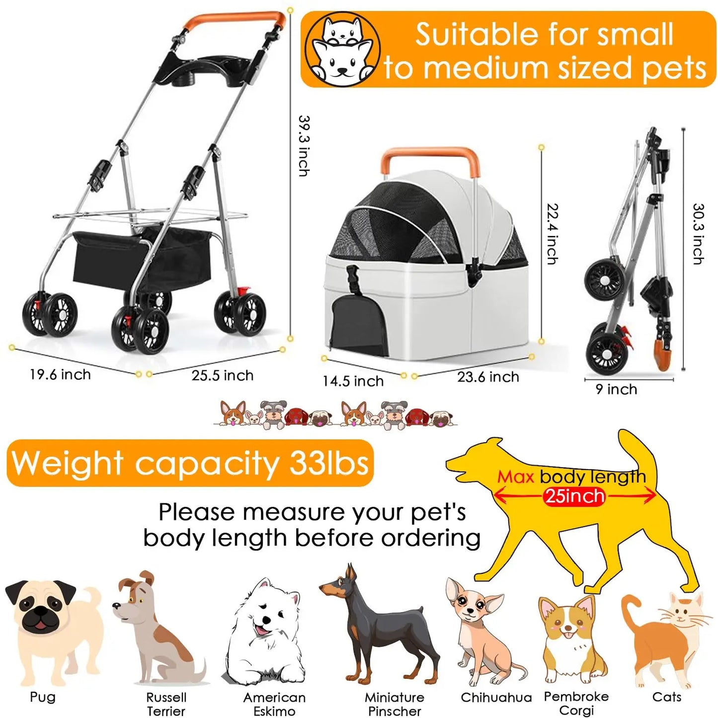 Dog Stroller, Pet Stroller, Cat Strollers – with Portable Dog Food and Water Bowl Set, Foldable Pet Dog Cat Carrier for Medium