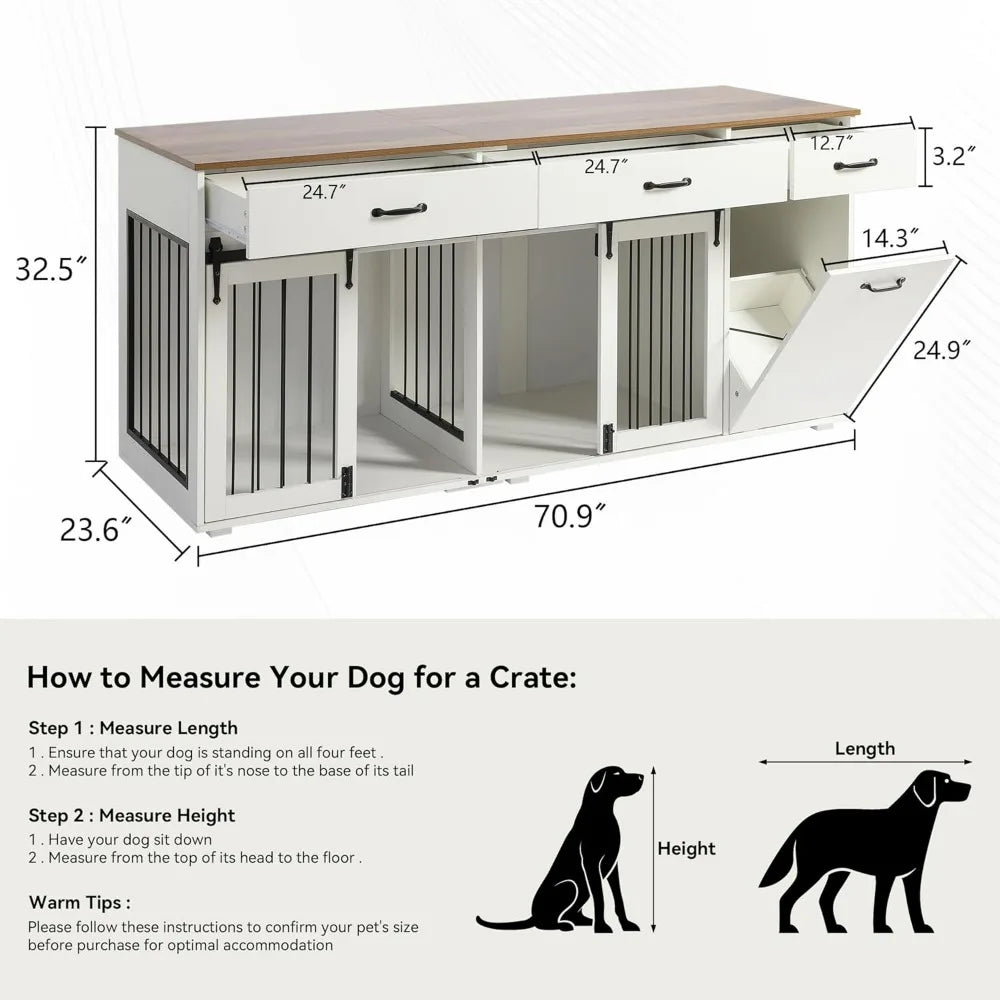 70.9 Inches Dog Crate Furniture for 2 Dogs Double Dogs Crate Wooden Heavy Duty Dog Kennel Furniture TV Stand with 3 Drawers