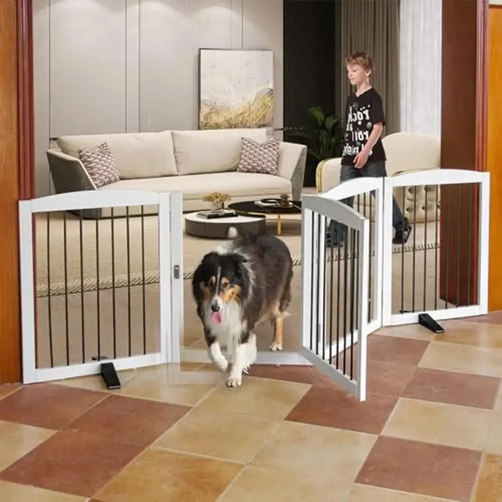 Freestanding Wooden Pet Gate with Lockable Door Foldable Indoor Dog Fence House Doorways Stairs Room Divider and Safety Fence