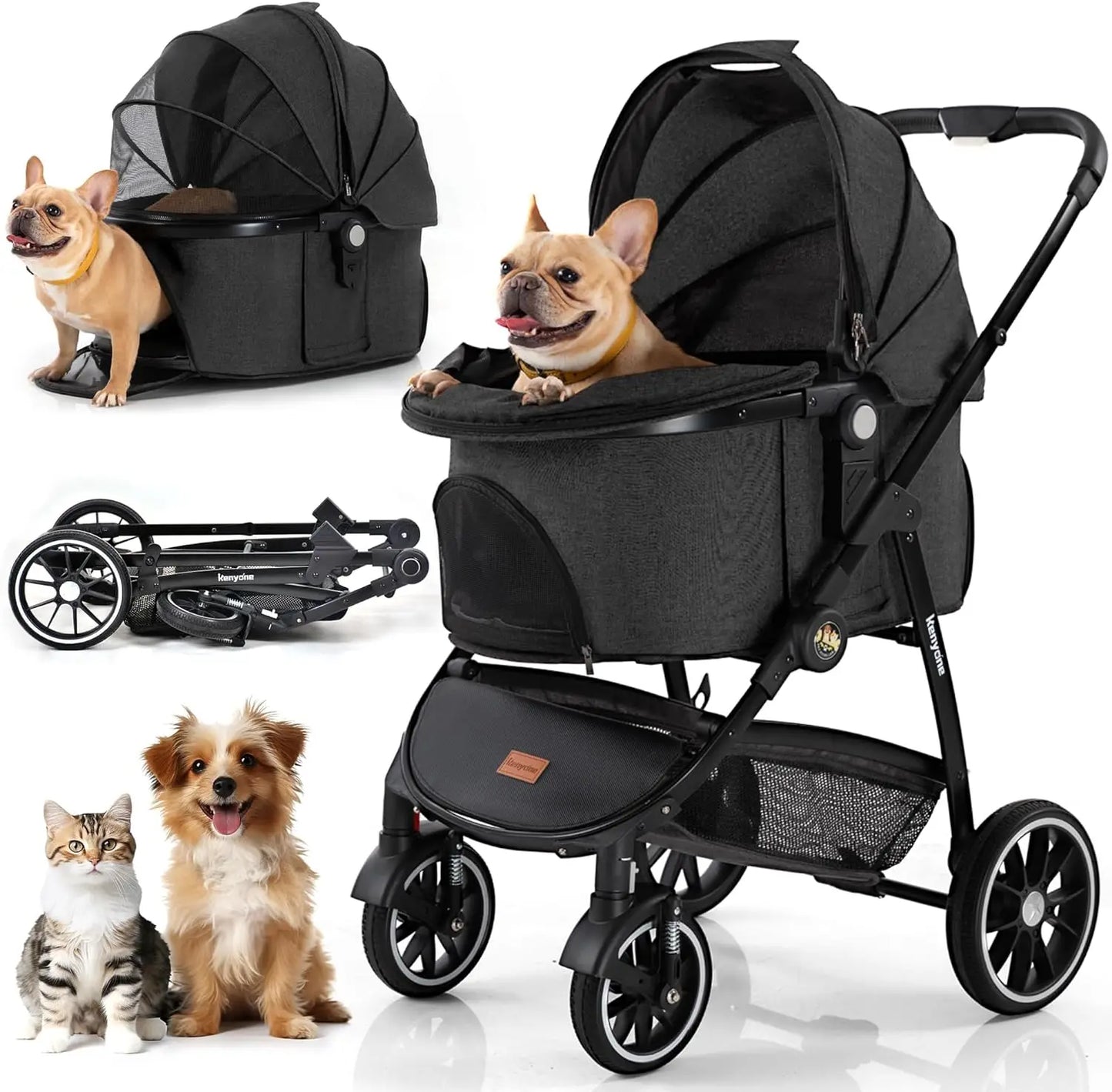 Kenyone Pet Stroller 3 in 1 Dog Stroller for Medium Small Size Dogs, Large Cat Stroller with Detachable Carrier for Puppies