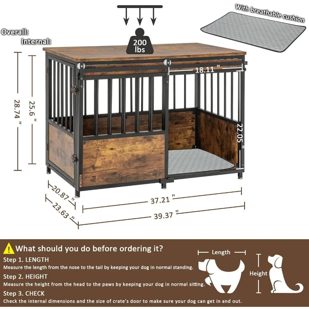 40 Inch Dog Crate Furniture with Cushion for Large Medium Dogs, Wooden Heavy Duty Dog Kennel with Double Doors, Decorativ