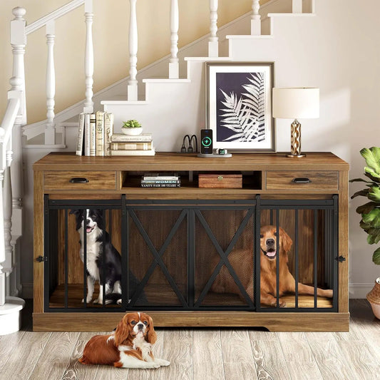 YITAHOME 63 Inch Double Dog Crate TV Stand with Charging Station, Heavy Duty Wooden Dog Crate Furniture for 2 Dogs, Dog Kennel I