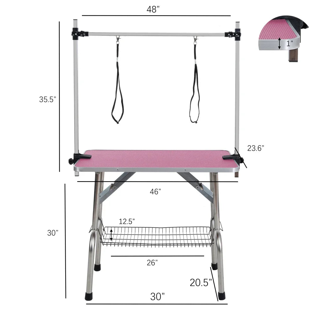 46" Folding Dog Pet Grooming Table Stainless Steel Frame Rubber Mat on Board, Adjustable Arm , Clamps pet dog Cat Grooming Table