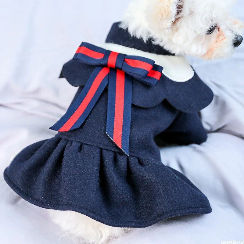 1PC Pet Clothes Cat Autumn/Winter Thickened Petal Collar Bow Princess Dress Navy Blue Suitable for Small and Medium Dogs