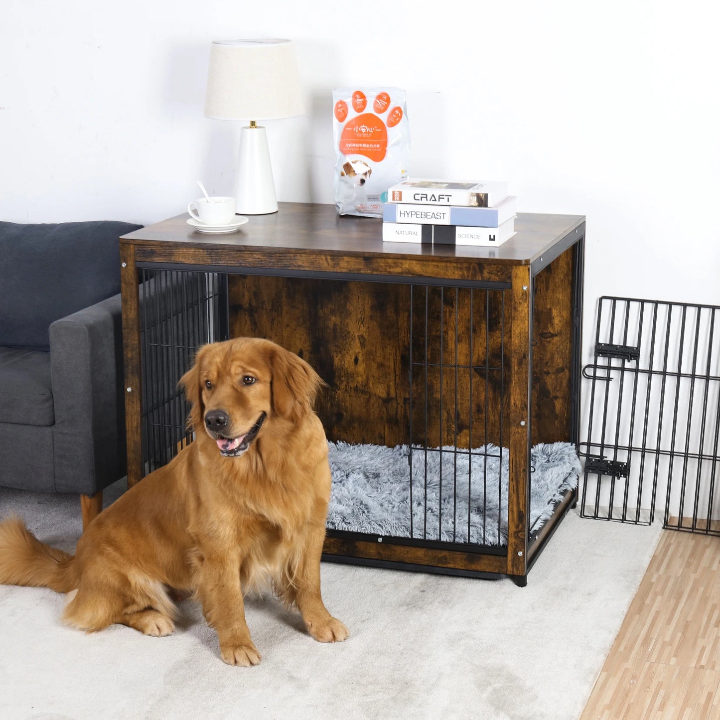 S M L 3 Sizes Dog Crate End Table Furniture Wood Metal Combine Pet Dog Cage Kennels with Double Doors and Removable Tray