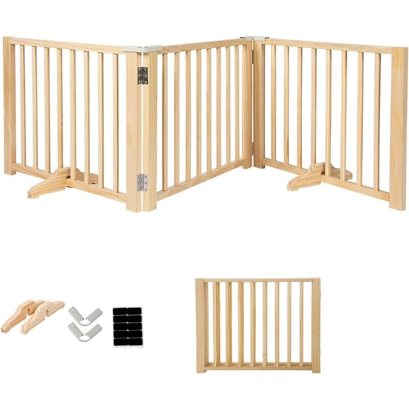 Freestanding Wooden Dog Gates -Foldable Pet Gate Indoor Dog Fence, Dog Gate for Doorways, House, Stairs, Halls-3 Panel