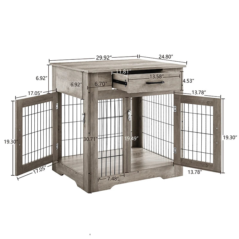 Furniture Style Dog Crate End Table with Drawer, Pet Kennels with Double Doors, Dog House Indoor Use,29.9''x24.8''x30.71''