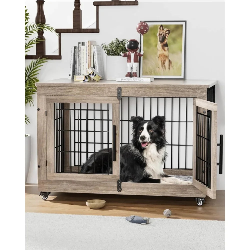 Dog Crate Furniture with Cushion , Large Wooden Dog Kennel Indoor with Double Doors,  Cage with Wheels, House