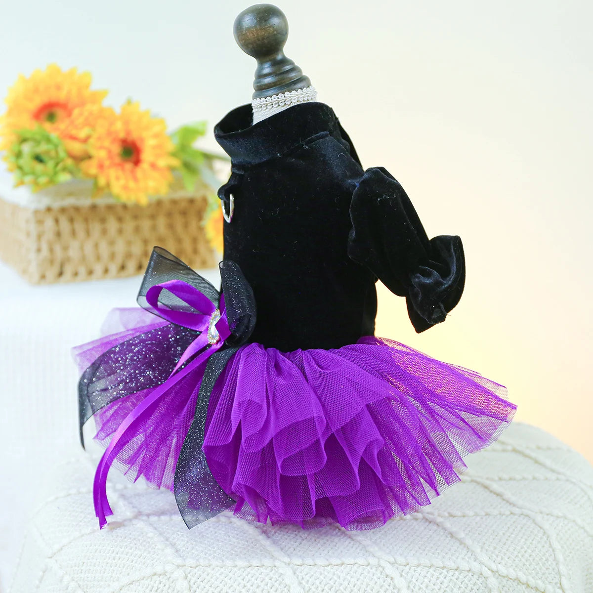 1PC Pet Clothing Dog Autumn Winter Black Velvet Purple Princess Wedding Dress Dress With Drawstring Buckle For Small Medium Dogs