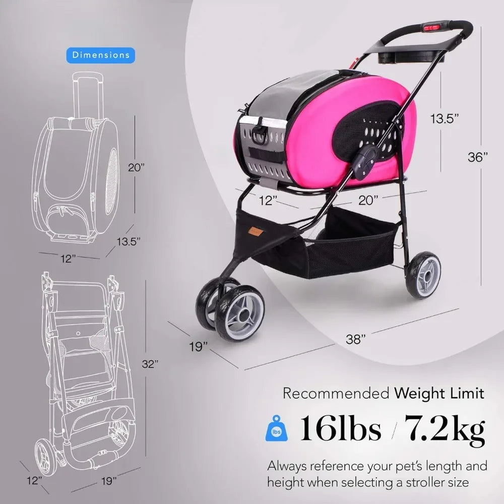 Pet Car, Five in One Convertible and Foldable Small - Multifunctional Combination - 16 Pound Pet - Pink, Cat and Dog Pet Car