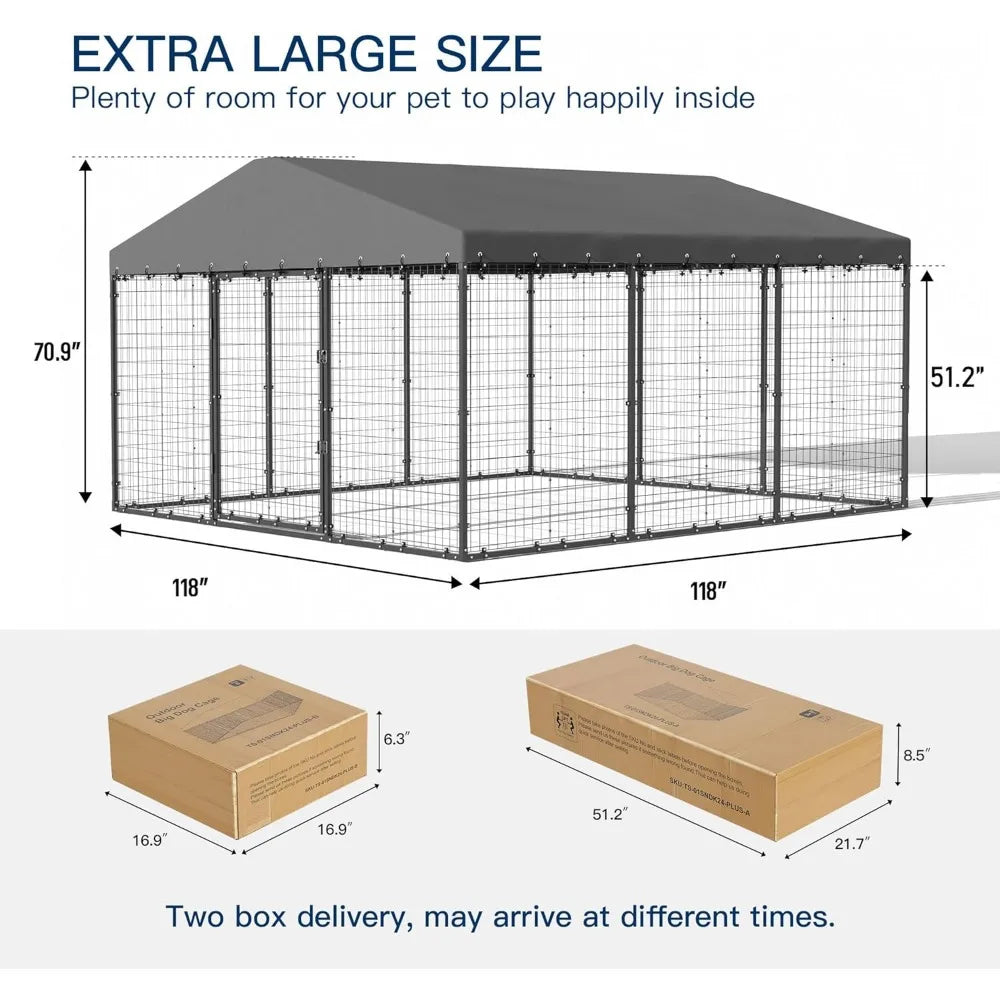 Large Outdoor Dog Kennel,Heavy Duty Dog Cage with Roof,Galvanized Steel Dog Kennel Fence with Double Safety Locks,Large