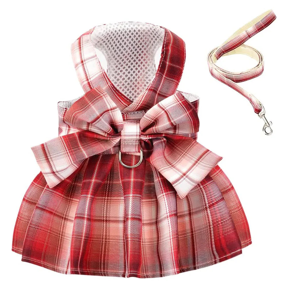 Dog Dresses for Small Dogs Girl Plaid Dog Dress Bow Tie Harness Leash Set Puppy Cute Bow Skirt Pet Outfits Yorkie Accessories