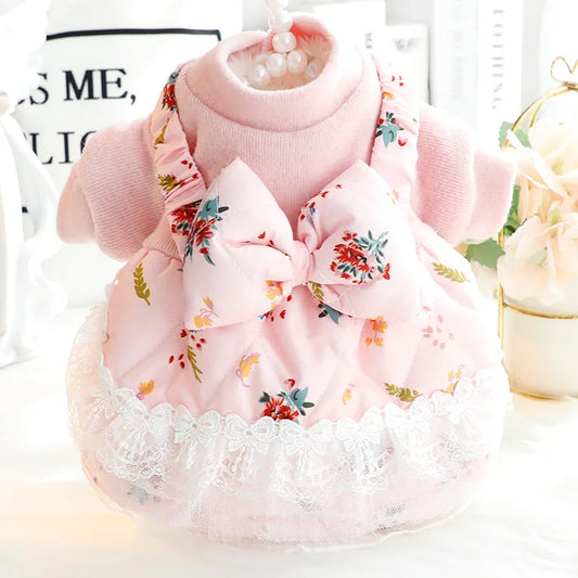 Vêtements pour chiens automne hiver robe chat princesse jupe rose bleu nœud papillon floral vêtements rembourrés en coton vêtements chauds pour animaux de compagnie