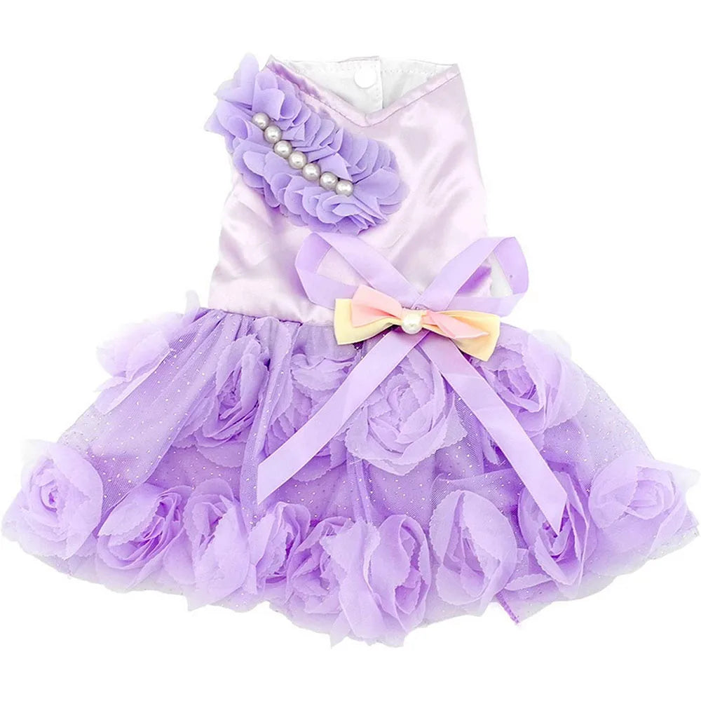 Pet Small Dog Wedding Dress with Bowknot Birthday Party Costume Satin Rose Pearls Girl Formal Dress for Puppy Dog Cat Tutu Dress