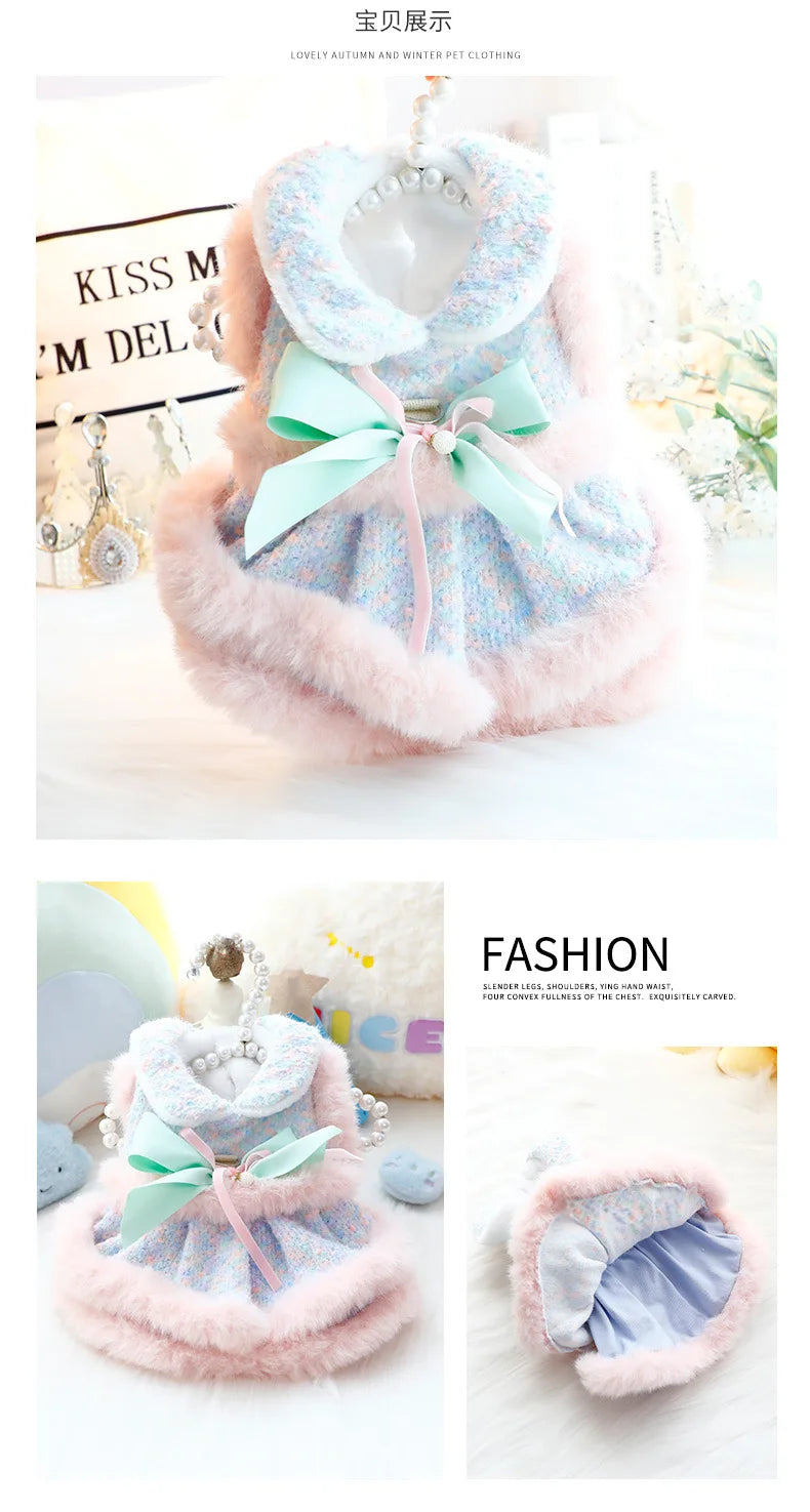 Fashion Soft Plush Pet Dog Clothes Lovely Pink Blue Winter Warm Princess Dress For Small Medium Dogs Poodle Puppy Dog Dresses