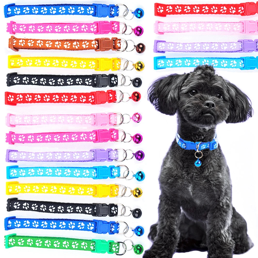 Pet Collar With Bell Cartoon Footprint Colorful Dog Puppy Kitten Collar Adjustable Safety Bell Ring Necklace Pet Accessories