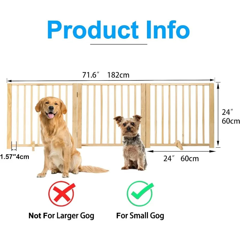 Freestanding Wooden Dog Gates -Foldable Pet Gate Indoor Dog Fence, Dog Gate for Doorways, House, Stairs, Halls-3 Panel