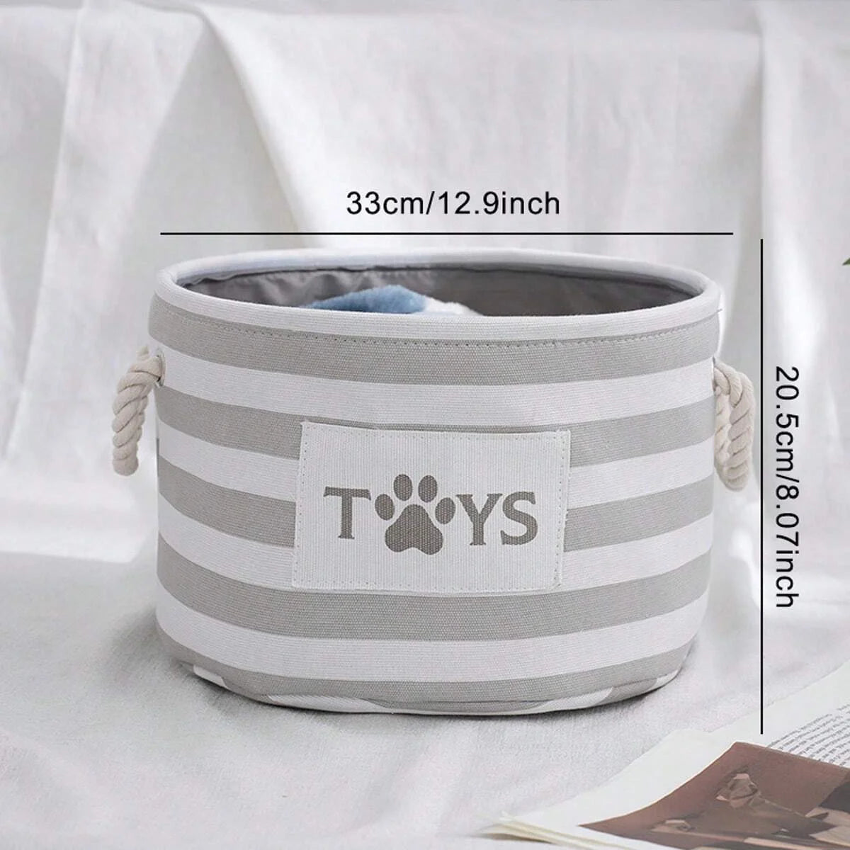 1pc-A foldable striped pet toy basket and a dog toy storage box with a woven rope handle