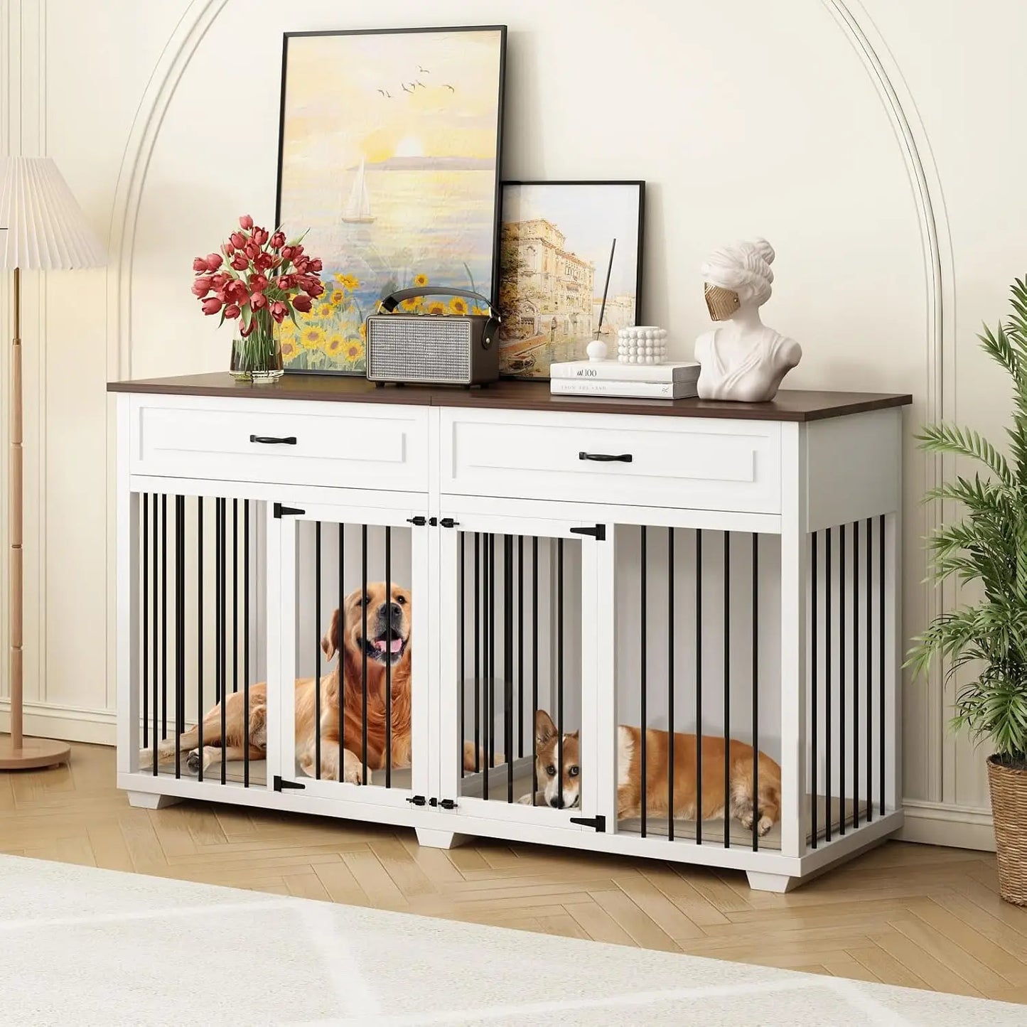 Dog Crate Furniture, 72 Inch Heavy Duty Wooden Large Dog Kennel with Drawers & Divider, Indoor Furniture Style Dog Crate