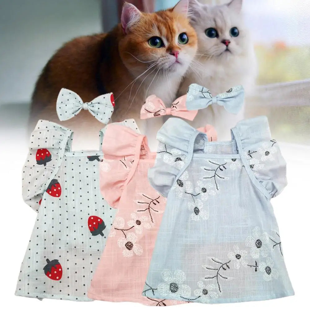 Dog dress for Female Pet Cat Puppy Floral Princess Skirt Summer Puppy Dog Skirt Cotton with Bow-knot Headwear Pet Supplies