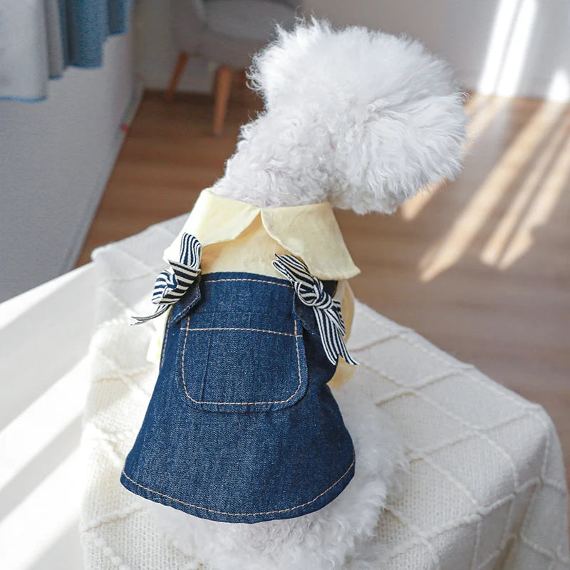 1PC Pet Apparel Spring/Summer/Autumn Thin Yellow Denim Bow Strap Princess Dress Suitable for Small and Medium sized Dogs