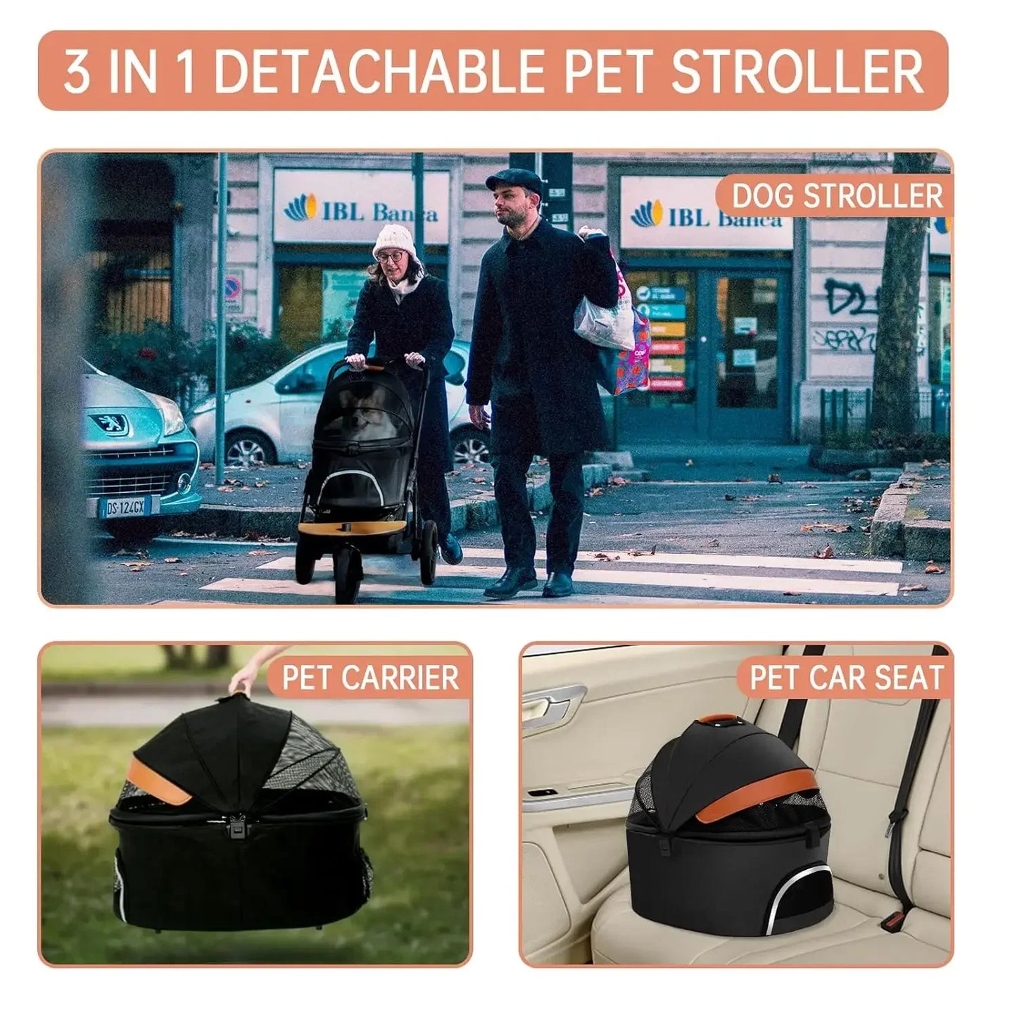 Dog Stroller for Medium Small Dogs 3in1 Pet Stroller Zipperless Dog Cat Jogger Strolle for Pets Walk-Black