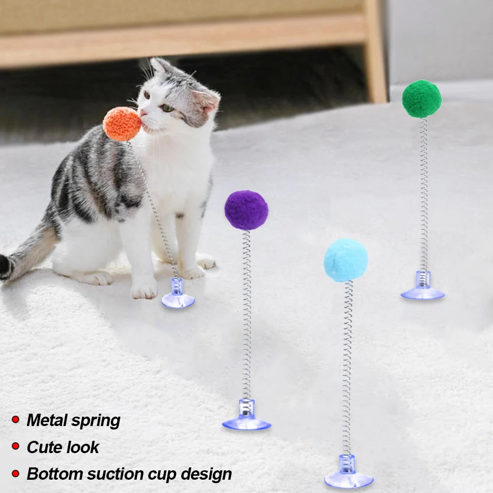 Cute Cat Fur Ball Cute Cat Teaser Wand Pet Products Spring Toy Cat Interactive Toys with Suction Cup Scratcher Toy Cat Supplies