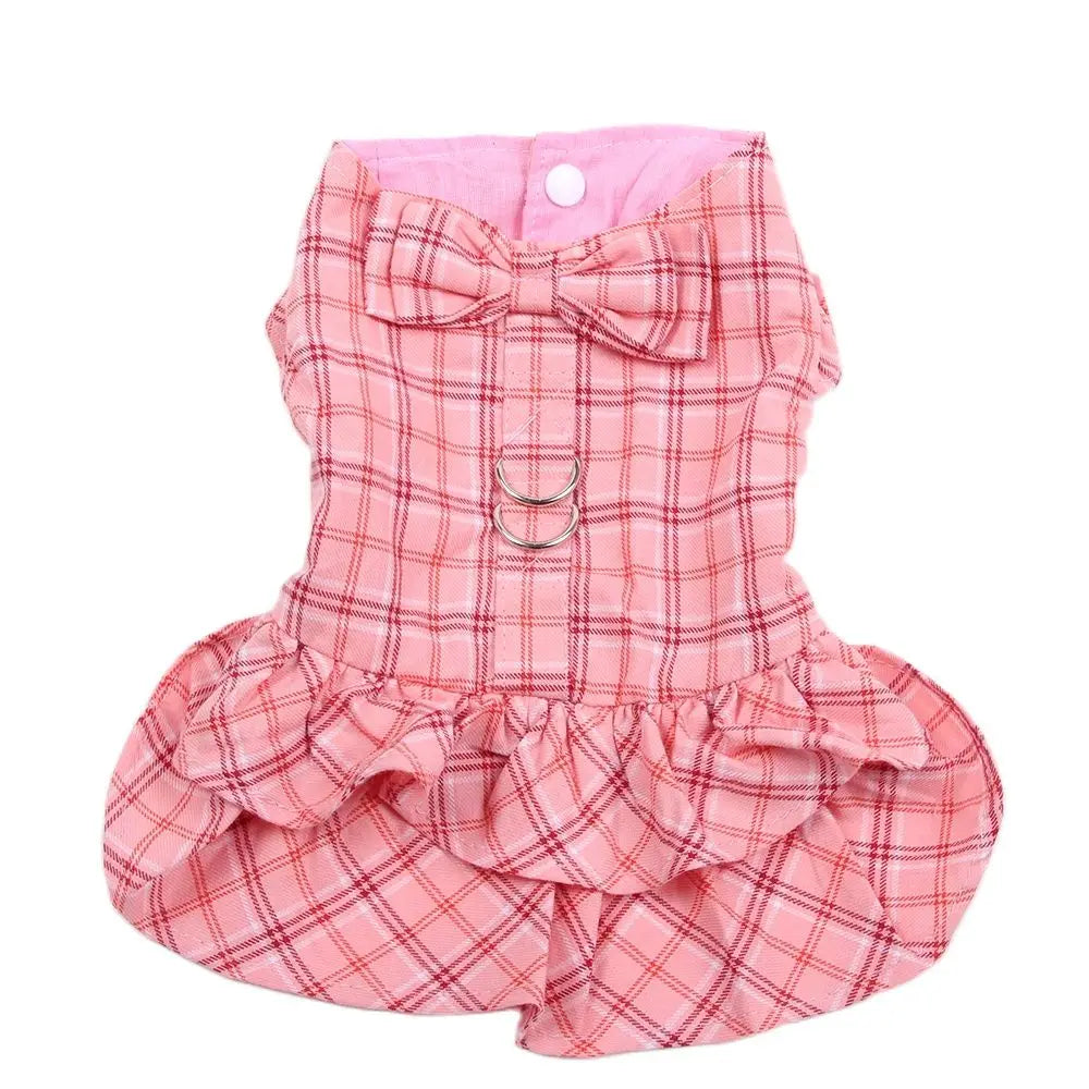 New Dog Cat Dress Shirt Plaid&Bow with Matching Dog Leash Pet Puppy Skirt  Spring/Summer clothes apparel 5 sizes