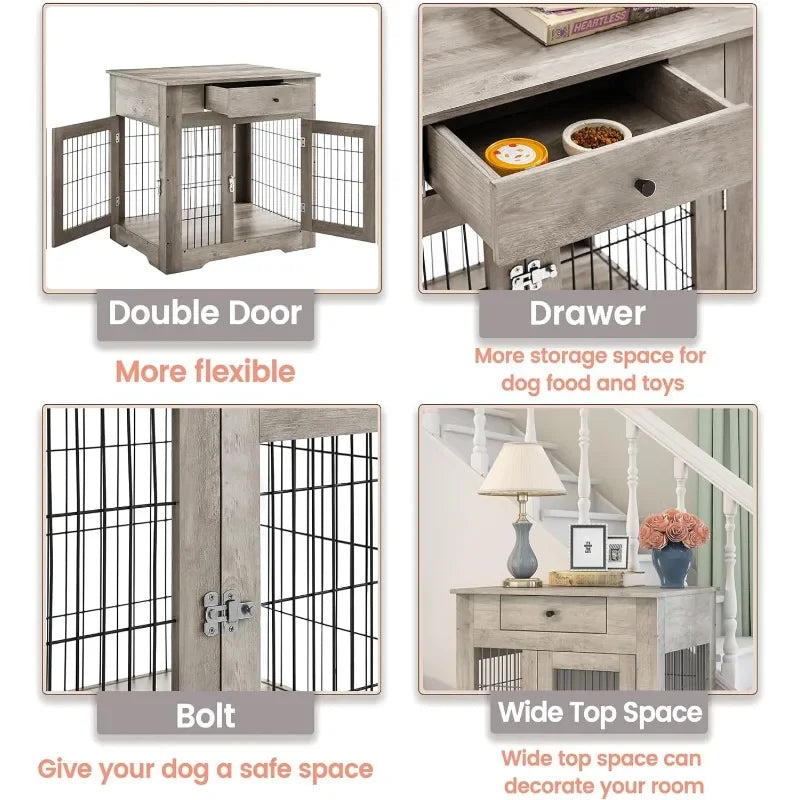 Wooden Dog Crate Side Table Furniture,With Drawers&Double Sliding Iron Doors Dog Kennel Indoor For Medium/Large Dog,Grey,29.92"L