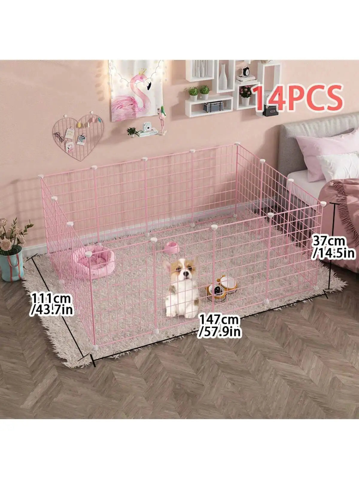 Pink dog pet fence Indoor isolation dog cage Small dog iron guardrail Free combination pet fence for cats and dogs