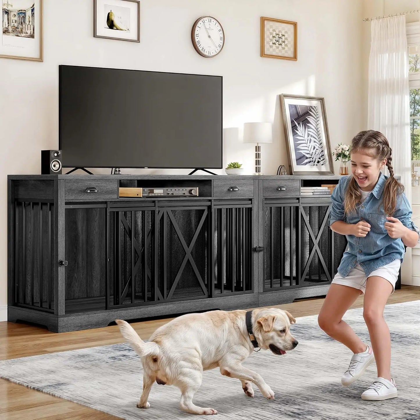 YITAHOME 63 Inch Double Dog Crate TV Stand with Charging Station, Heavy Duty Wooden Dog Crate Furniture for 2 Dogs, Dog Kennel I