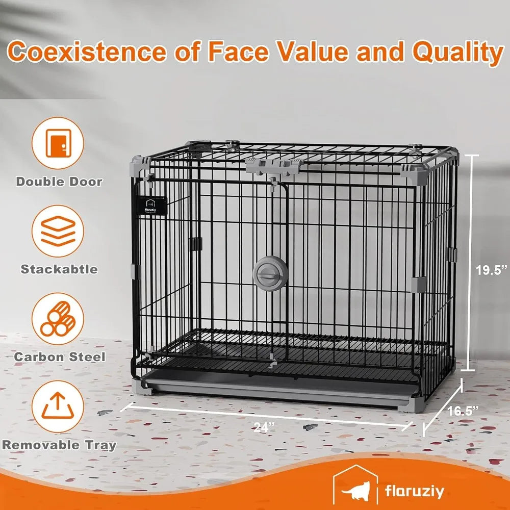 Black thick metal indoor wire cage with double doors and detachable tray, suitable for small dogs weighing less than 25 pounds