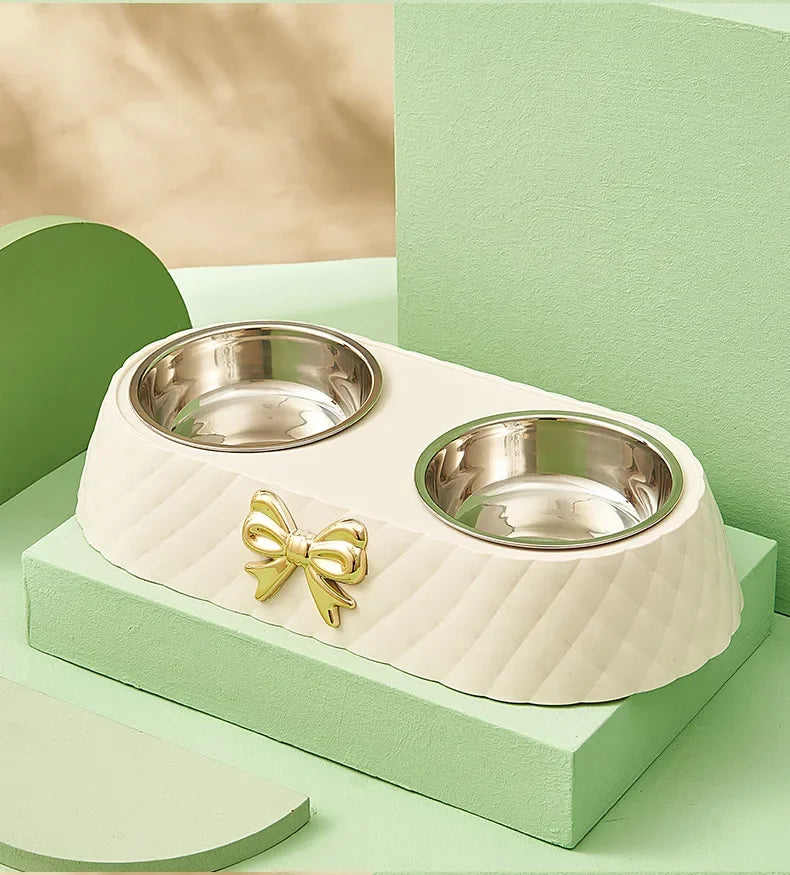 Pet Supplies Bow Tie Cat Food Bowl PP Base Dog Bowl Stainless Steel Double Layer Pet Accessories Feeding and Drinking Double Bow