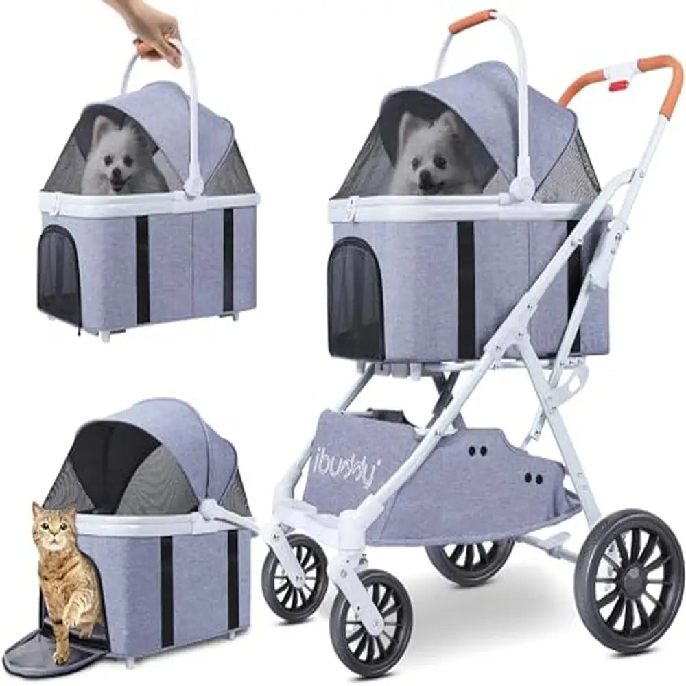 Pet Stroller Dog Cat 4-in-1 Travel Carrier Car Seat Non-Zip Airless Tires Cup Holder Lightweight Foldable Canopy Rotating Wheel