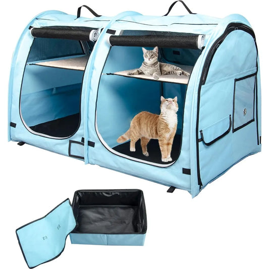 Mispace Portable Twin Compartment Show House Cat Cage/Condo - Easy to Fold & Carry Kennel - Comfy Puppy Home