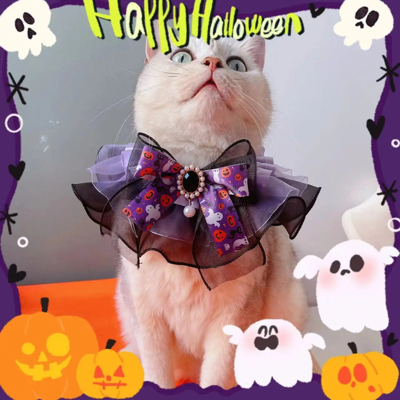 Original New Pet Halloween Lace Bow Scarf, Cat and Dog Decoration, Funny Collar, Drool Towel