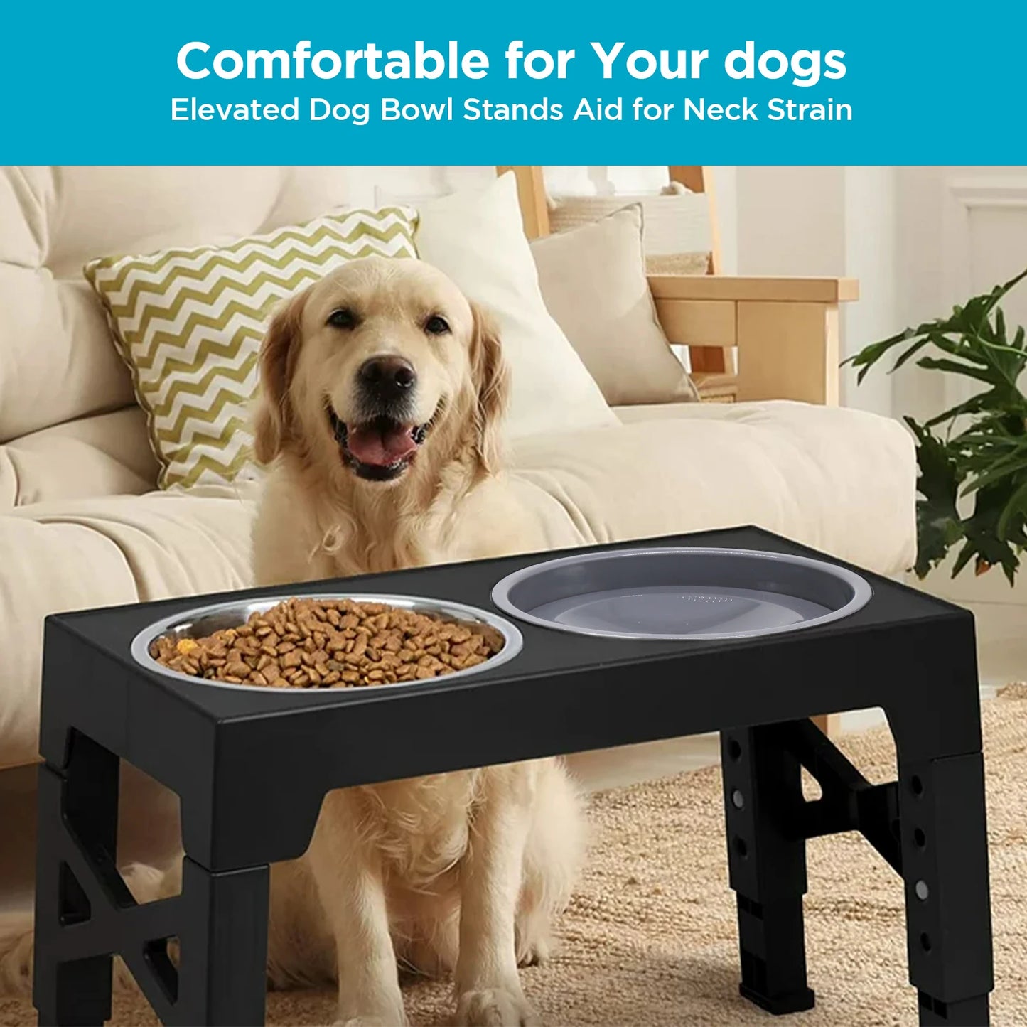 5 Adjustable Heights Raised Dog Bowl Stand with 1 Stainless Steel Food & Dog Water Bowl, Dog Bowls for Large Dogs& Cats (Black)