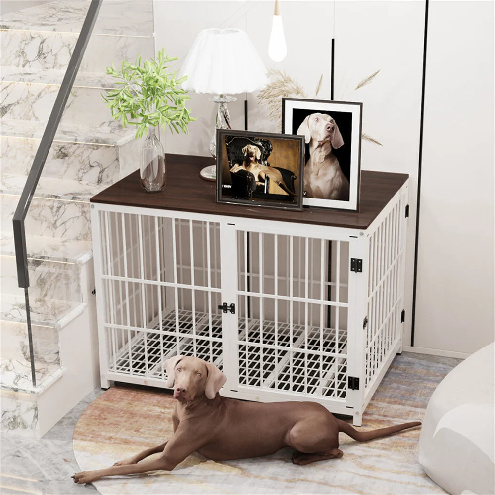 Large Wooden Dog Crate Indoor Furniture Style Elevated Pet Dog Cage Kennel End Table Lattice Playpen with 3 Doors Removable Tray