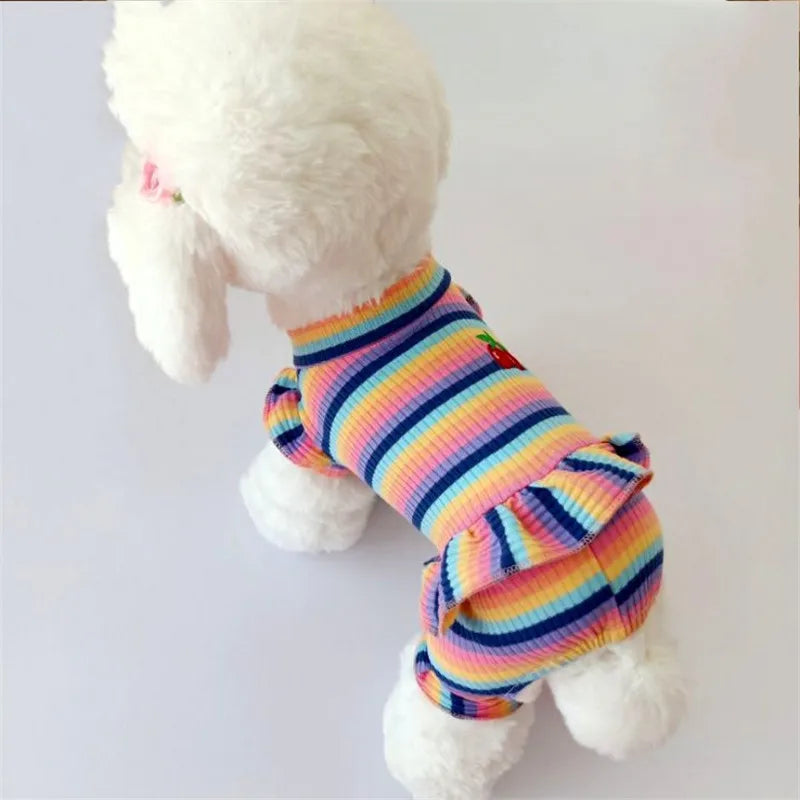 Rainbow Strip Puppy Clothes Cherry Pattern Dog Hoodies Jumpsuit Princess Pajamas For Small Medium Dogs Yorkshire Pet Cat Pyjamas