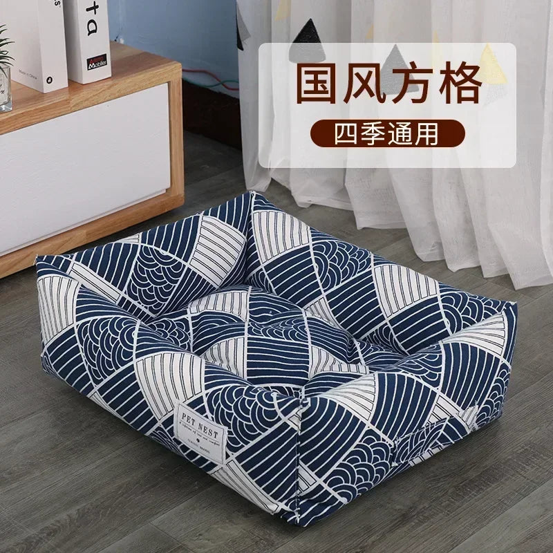 Plaid Printing Soft Removable&Washable Dog Bed Fabric Skin-Friendly Cotton&Linen Breathable Pet Sofa Square Cat Litte Dog Bed