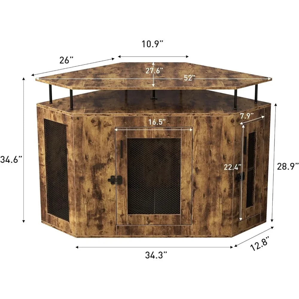 Corner Dog Crate with Cushion, 52" L Furniture Style Wooden Dog Kennel for Medium Large Dogs,Indoor Dog House with Storage Shelf