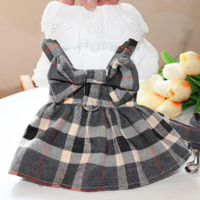 Pet Harness Dress With Leash Set Princess Dog Dress For Small Dog Fashion Simple Plaid Puppy Dresses With D Ring Clothes Outfits