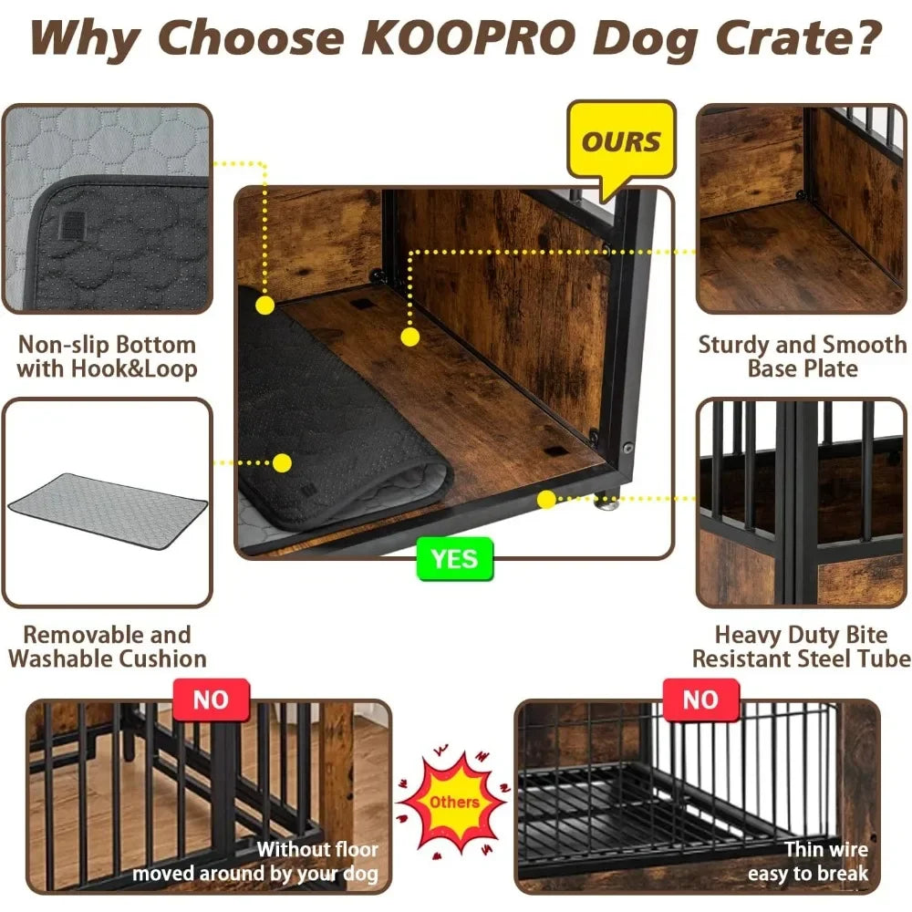 40 Inch Dog Crate Furniture with Cushion for Large Medium Dogs, Wooden Heavy Duty Dog Kennel with Double Doors, Decorativ