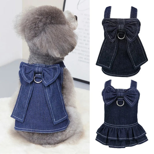 Pet Denim Dress Spring Summer Comfortable Puppy Summer Dress for Small Medium Dog Cats Cute Bow-Knot Dog Skirt