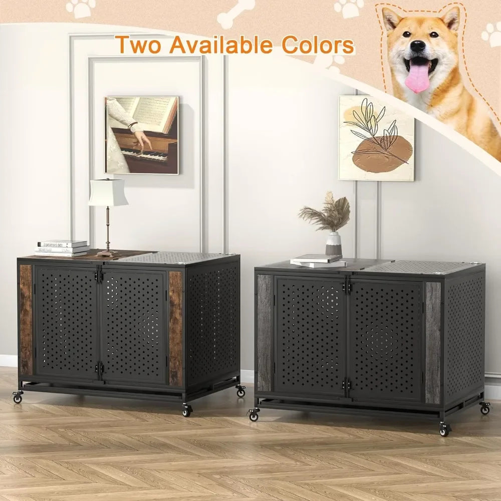 42" Heavy Duty Dog Crate Furniture for Large and Medium Dogs Enclosed Design with 0.5 inch Holes Indestructible Metal Kennel