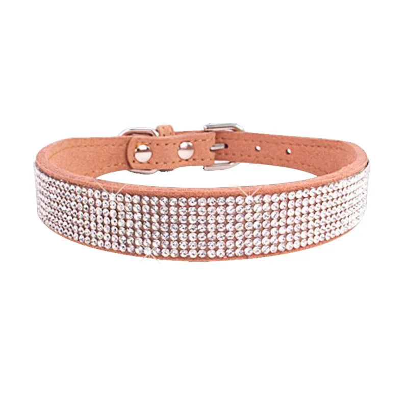 Suede Fiber Crystal Dog Collar Comfortable Glitter Rhinestone Dog Collars Zinc Alloy Buckle Collar for Small Dogs Cats XXS-L